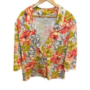 Vintage 90s Floral Blazer Jacket 100% Cotton Shoulder Pads Women‎ Small Medium
